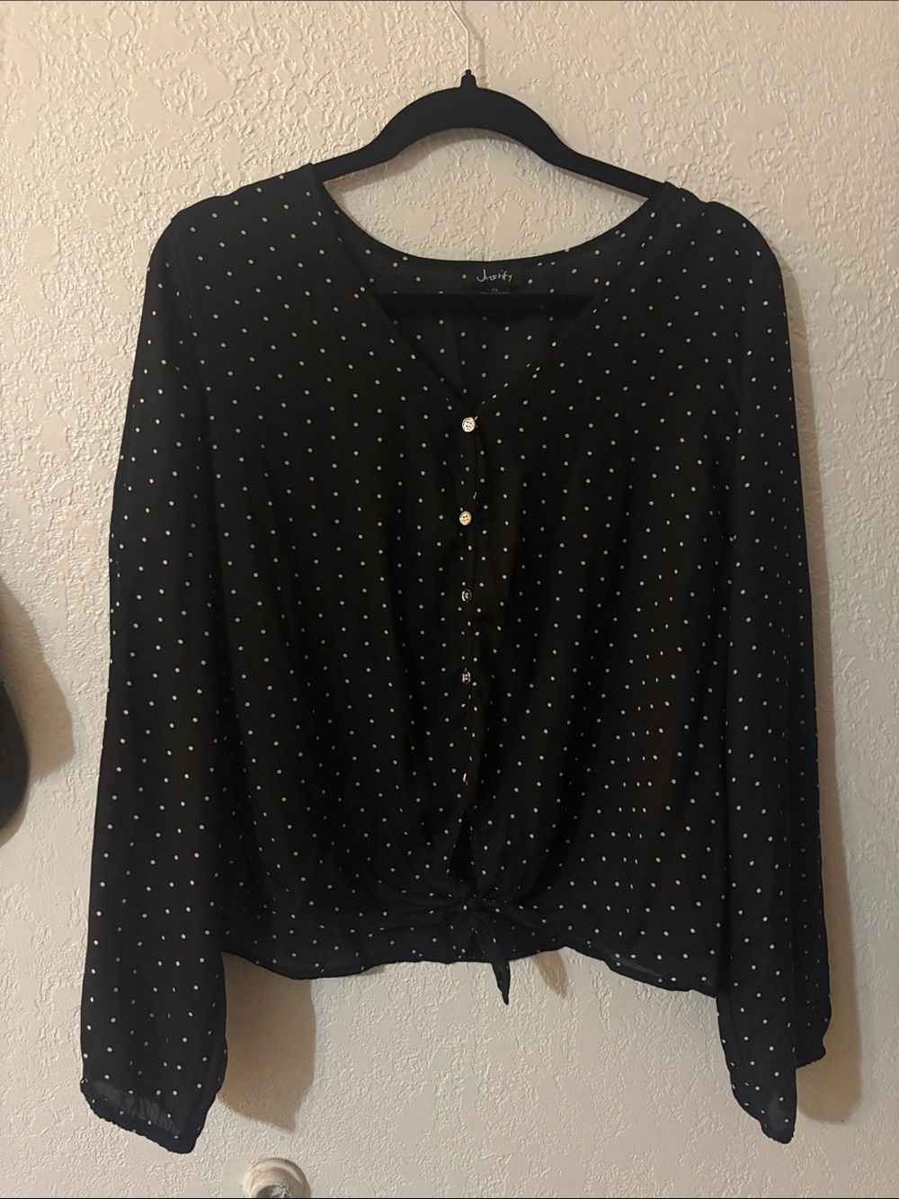 Justify Black Polka Dot Tie-Front Button Blouse